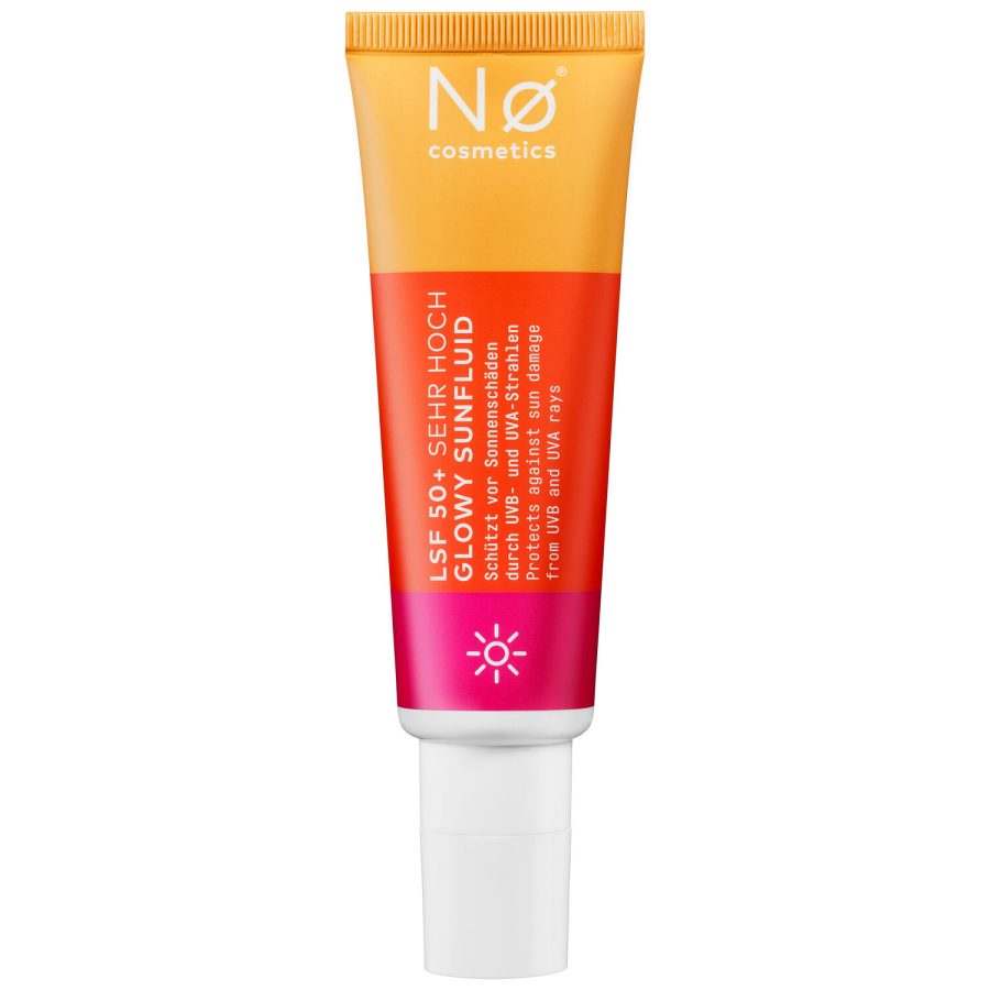 Rosa und orangefarbene Tube von No Cosmetics Glowy Sunfluid auf weißem Hintergrund