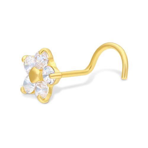 Goldener Nasenstecker mit klaren Kristallen in Blumenform auf weißem Hintergrund