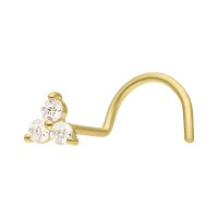 Goldener Nasenstecker mit drei klaren Moissanit-Steinen auf weißem Hintergrund