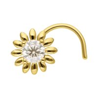 Goldener Nasenstecker in Sonnenblumenform mit klarem Moissanit auf weißem Hintergrund