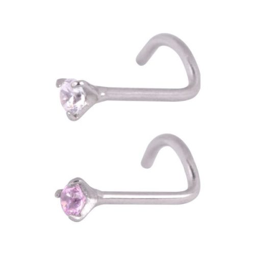 Zwei Nasenstecker aus Chirurgenstahl mit klaren und rosa Kristallen auf weißem Hintergrund