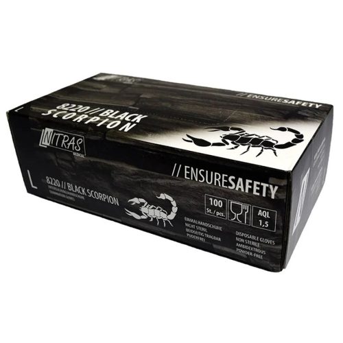 Schwarze Box mit Nitras Black Scorpion Latex-Einmalhandschuhen, 100 Stück