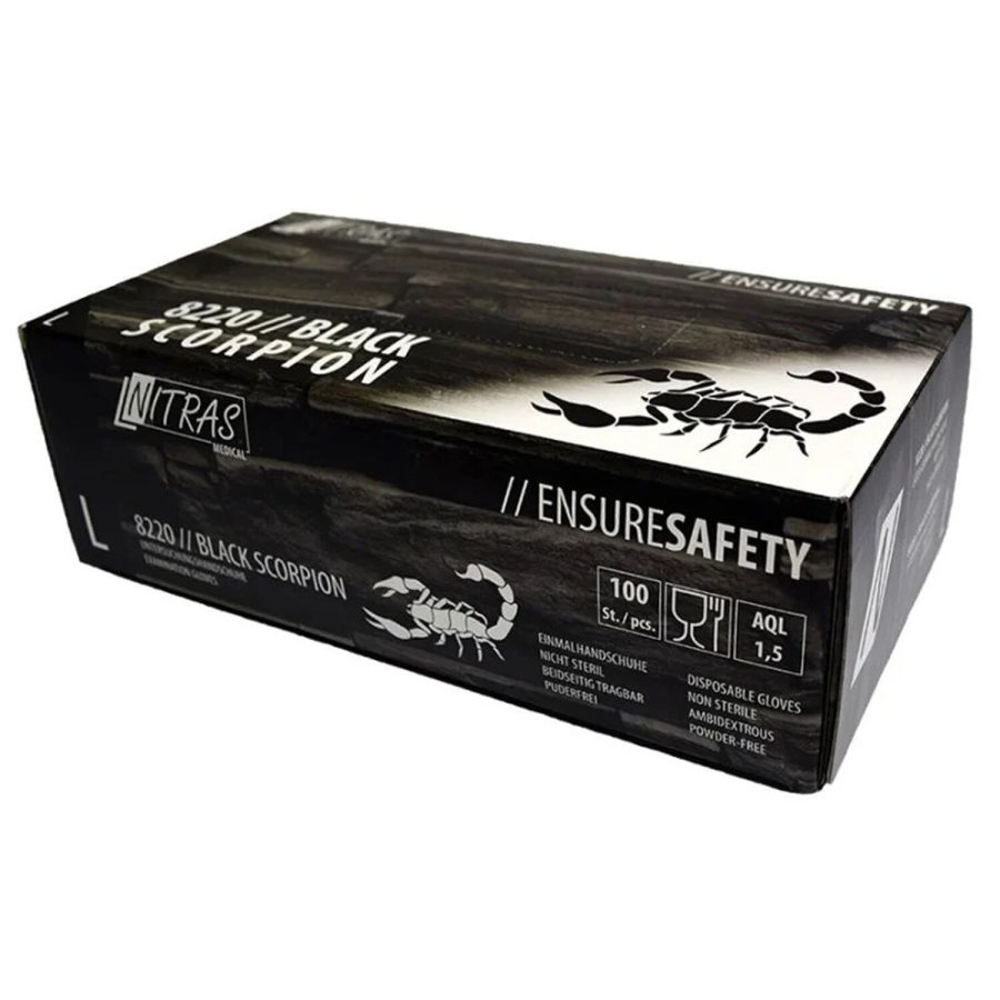 Schwarze Box mit Nitras Black Scorpion Latex-Einmalhandschuhen, 100 Stück