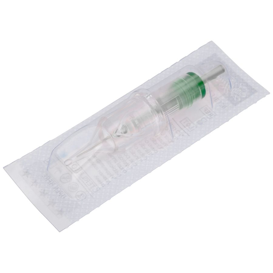 Transparente Tattoonadel 18x0.35mm in Verpackung auf weißem Hintergrund