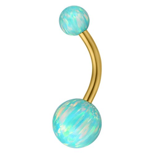 Goldenes Bauchnabelpiercing mit mintgrünen Opalsteinen auf weißem Hintergrund