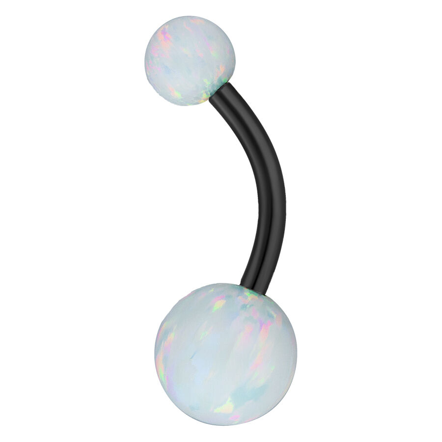 Schwarzes Bauchnabelpiercing aus Titan mit zwei synthetischen Opal-Kugeln auf weißem Hintergrund