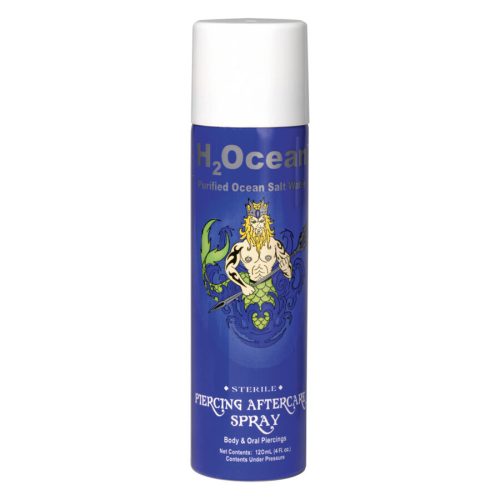 Blaues Spray für Piercingpflege mit H2Ocean Logo auf weißem Hintergrund