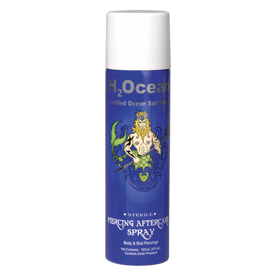 Blaues Spray für Piercingpflege mit H2Ocean Logo auf weißem Hintergrund