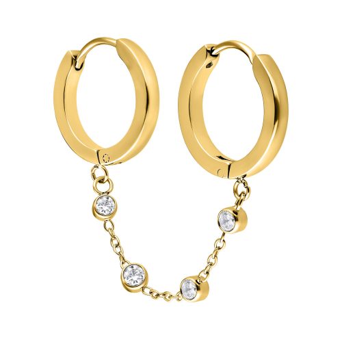 Goldene Double Huggie Ohrringe mit Kristallkette auf weißem Hintergrund