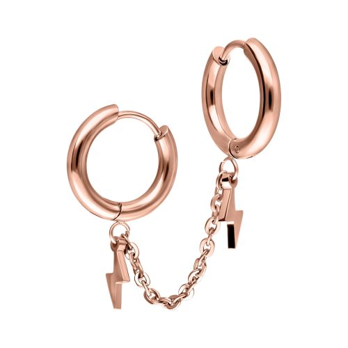Roségoldene Double Huggie Ohrhänger mit Blitzanhängern auf weißem Hintergrund