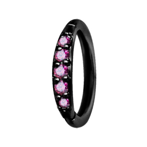 Schwarzer Piercing-Ring mit fuchsiafarbenen Kristallen, 1,2 mm Stärke