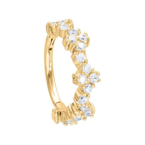 Goldener Piercingring, 12mm, mit klaren Kristallen auf weißem Hintergrund