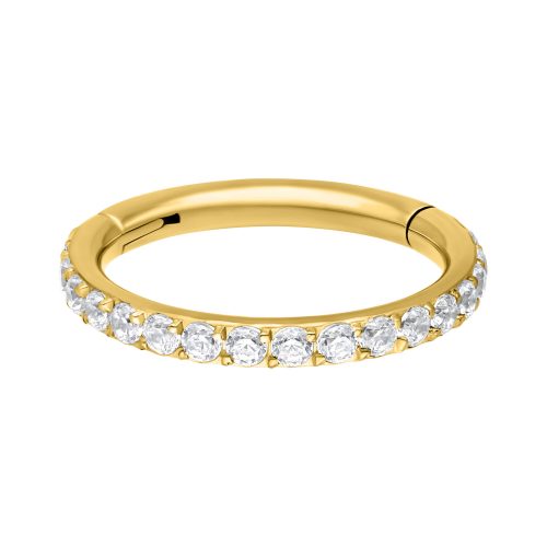 Goldener, pavé-besetzter Conch Ring mit weißen Kristallen, 1,2 mm Stärke, 14 mm Durchmesser