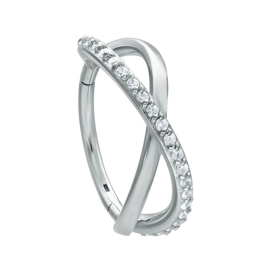 Silberner Infinity Clicker Piercingring mit klaren Kristallen auf weißem Hintergrund