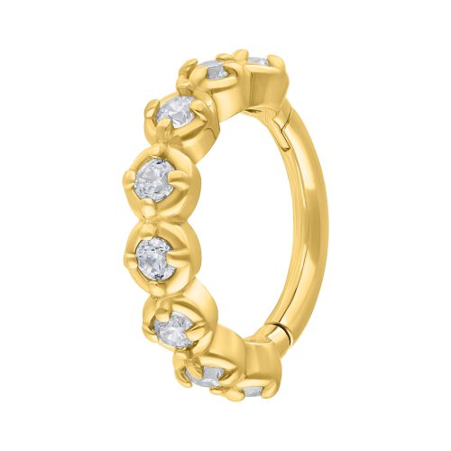 Goldener Hinged Ring aus Chirurgenstahl mit klaren Kristallen auf weißem Hintergrund