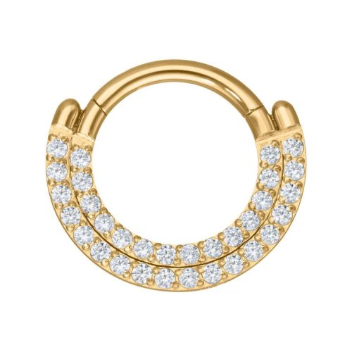 Goldener Piercingring mit zwei Reihen klarer Kristalle auf weißem Hintergrund
