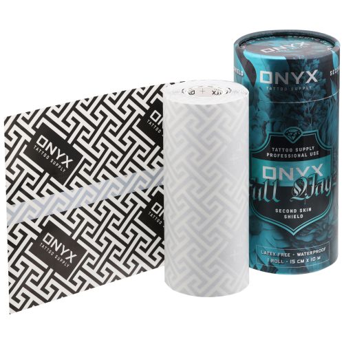 Tattoo Folie Rolle und Verpackung im Onyx Design auf weißem Hintergrund