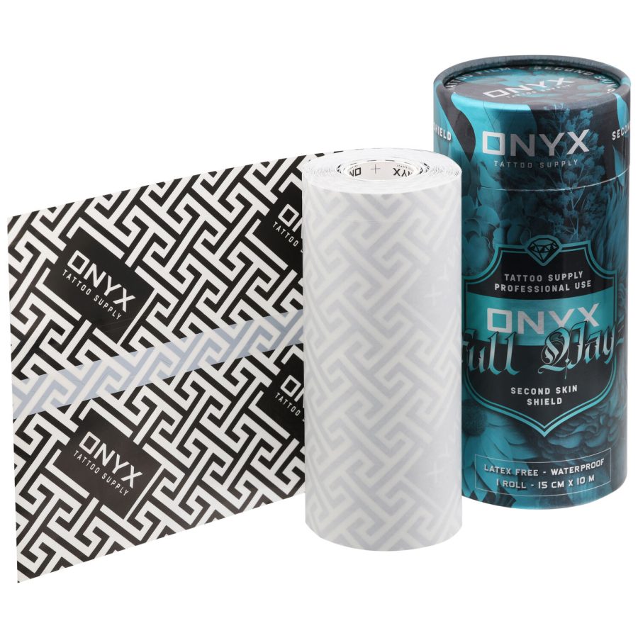 Tattoo Folie Rolle und Verpackung im Onyx Design auf weißem Hintergrund