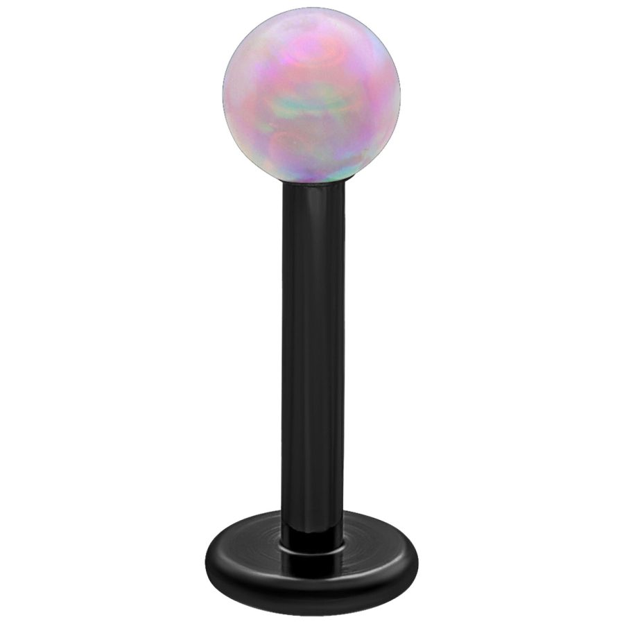 Rosa synthetischer Opal Labret mit schwarzem Titanstab auf weißem Hintergrund