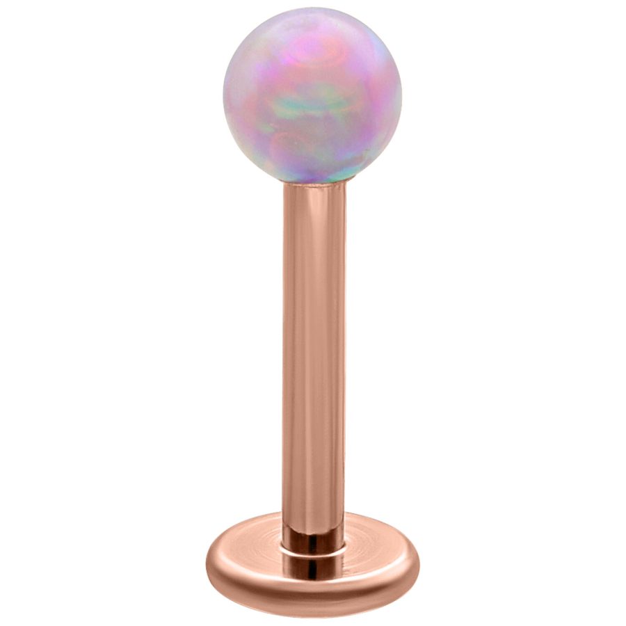 Rosa synthetischer Opal Ball Micro Labret mit roségoldenem Titanstab auf weißem Hintergrund