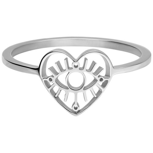 Silberner Ring in Herzform mit Auge-Motiv auf weißem Hintergrund