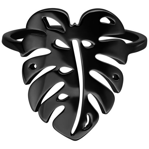 Schwarzer Monstera Blatt Ring aus Chirurgenstahl, Größe 18,0 mm, auf weißem Hintergrund