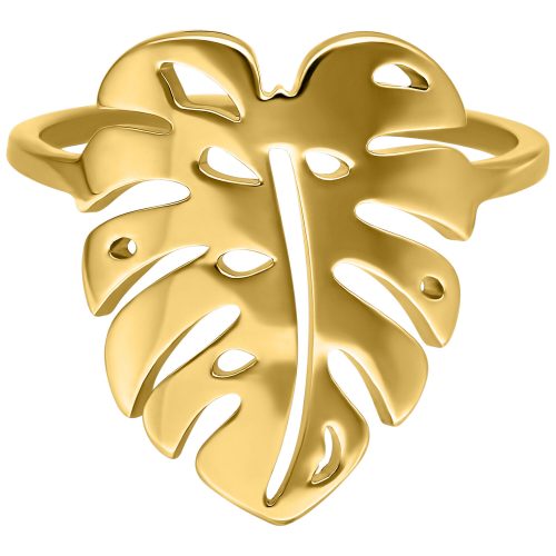 Goldener Ring in Form eines Monstera Blattes auf weißem Hintergrund
