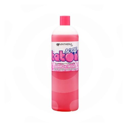 Große Flasche Panthera Tattoo Seife in rosa auf weißem Hintergrund