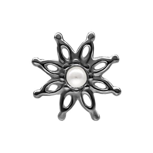 Schwarzer Bloom Aufsatz aus Silber mit zentraler Perle auf weißem Hintergrund
