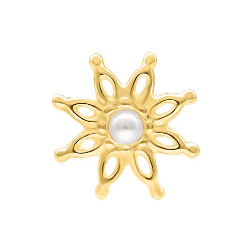 Goldener Push Fit Aufsatz in Blumenform mit Perle in der Mitte auf weißem Hintergrund