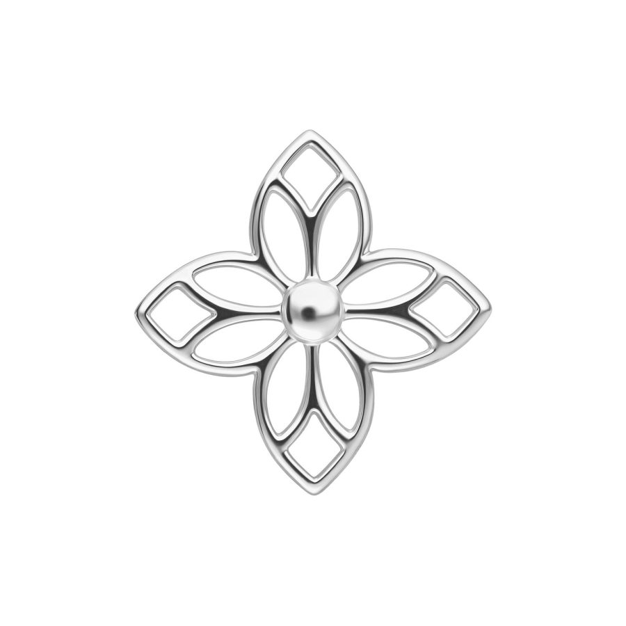 Silberner Blütenaufsatz für Piercings mit symmetrischem Design auf weißem Hintergrund