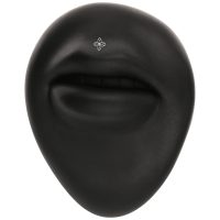 Schwarzes Gesicht mit Lippen und kleinem silbernen Blumenornament auf weißem Hintergrund