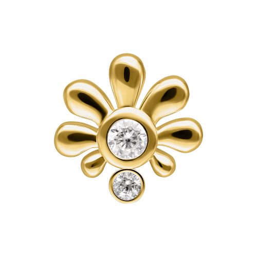 Goldener Piercingaufsatz in Blütenform mit zwei klaren Kristallen