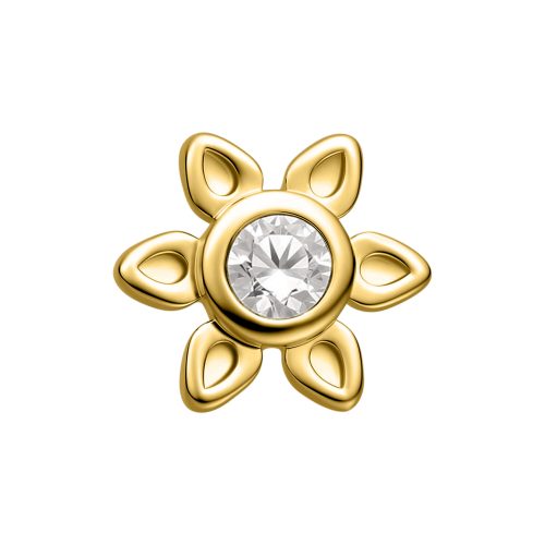 Goldener Blütenaufsatz mit klarem Kristall in der Mitte auf weißem Hintergrund