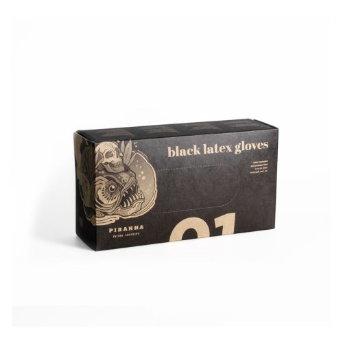 Schwarze Box mit Piranha-Logo, enthält 100 Latexhandschuhe