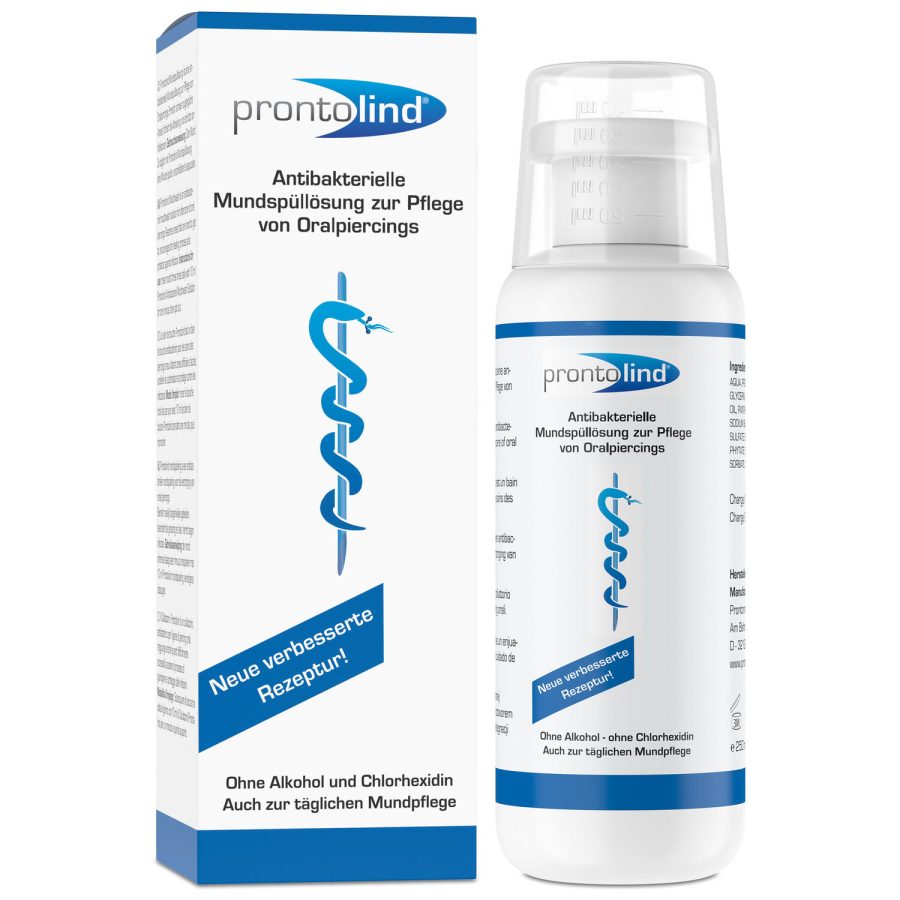 Weiße Flasche ProntoLind Piercingpflege mit blauer Aufschrift, 250 ml