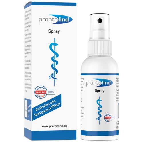 Weißes ProntoLind Piercing Pflege Spray neben Verpackung, 75 ml