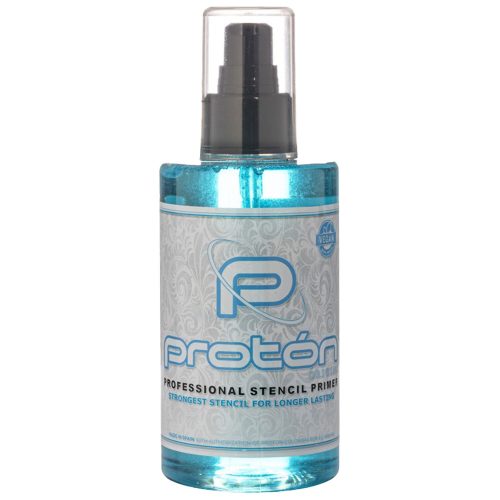 Transparente 200ml Flasche Proton Stencil Primer mit blauem Etikett auf weißem Hintergrund