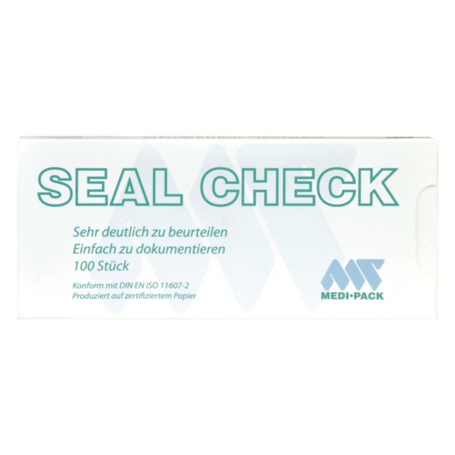 Weiße Packung Seal Check von Medi Pack mit Text und Logo