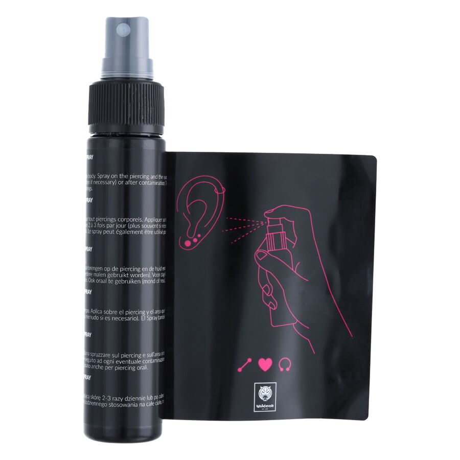 Piercingspray Flasche und Anleitung mit Zeichnung auf weißem Hintergrund