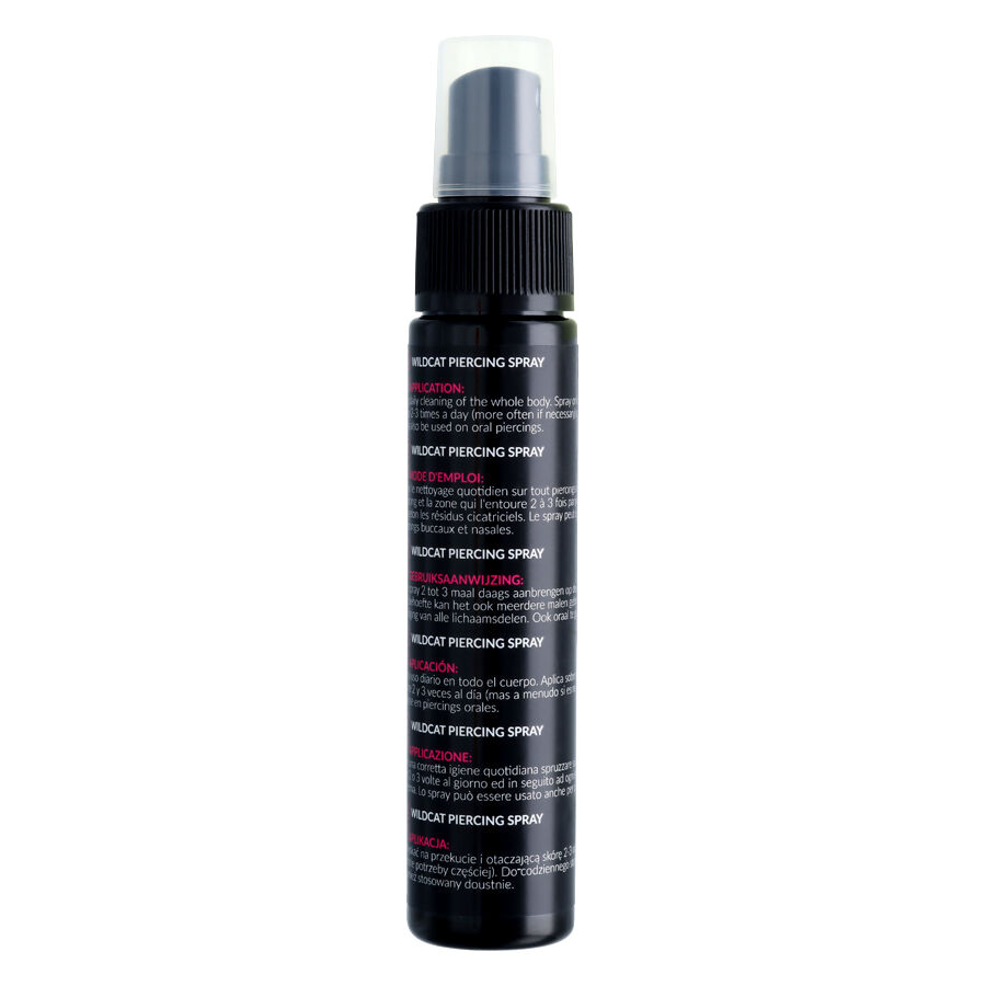 Schwarze Sprühflasche mit Piercingspray, 60ml, auf weißem Hintergrund