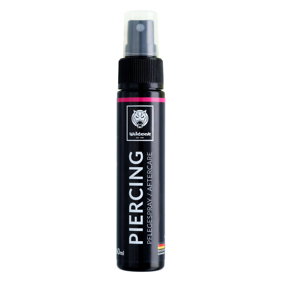 Schwarze Sprayflasche mit Wildcat Logo, Aufschrift 'Piercing Pflegespray', 30ml