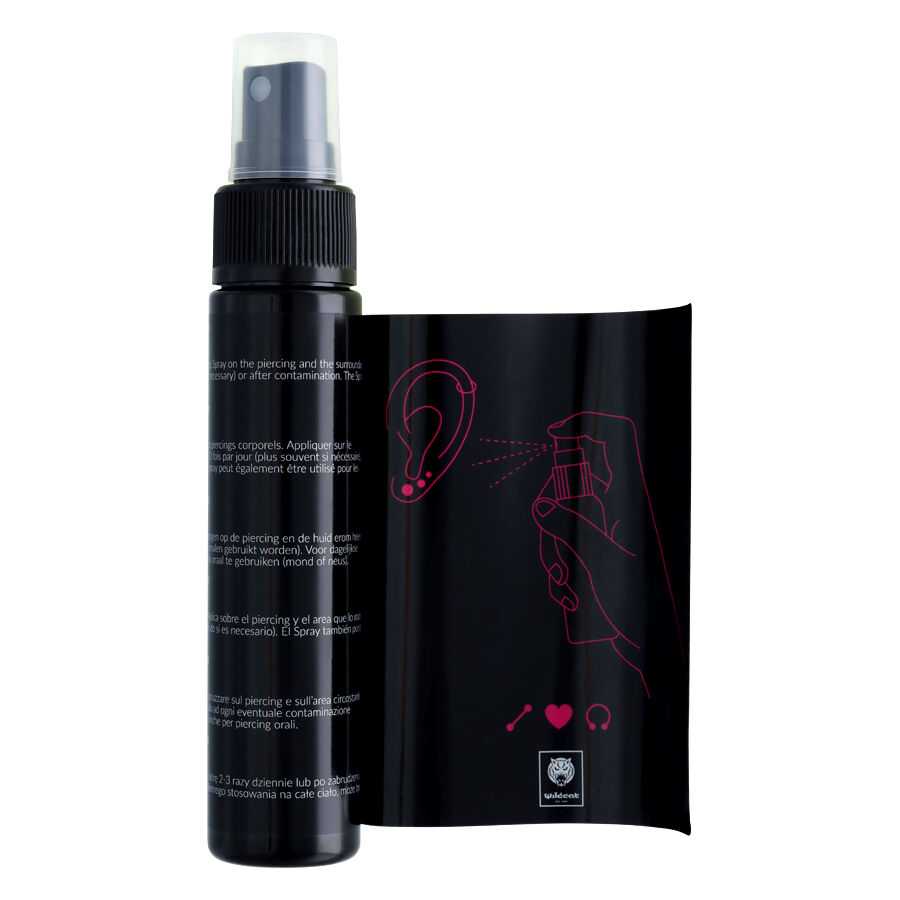 Schwarze Piercingspray Flasche und Verpackung auf weißem Hintergrund