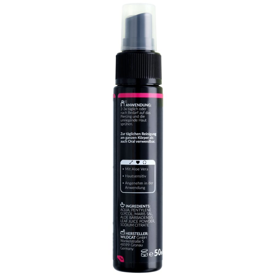 Schwarzes Piercingspray mit weißer und pinker Schrift, 50 ml Flasche