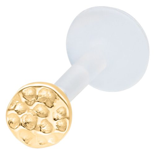 Goldenes Hammered Labret mit Push Fit auf weißem Hintergrund, 11 mm Länge