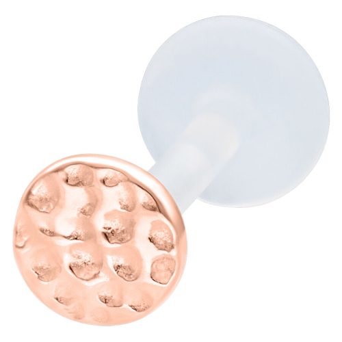 Roségoldenes Labret-Piercing, 11 mm lang, mit gehämmerter Oberfläche auf weißem Hintergrund