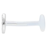 Silbernes Labret mit gehämmertem Kreisaufsatz und transparentem Stab auf weißem Hintergrund