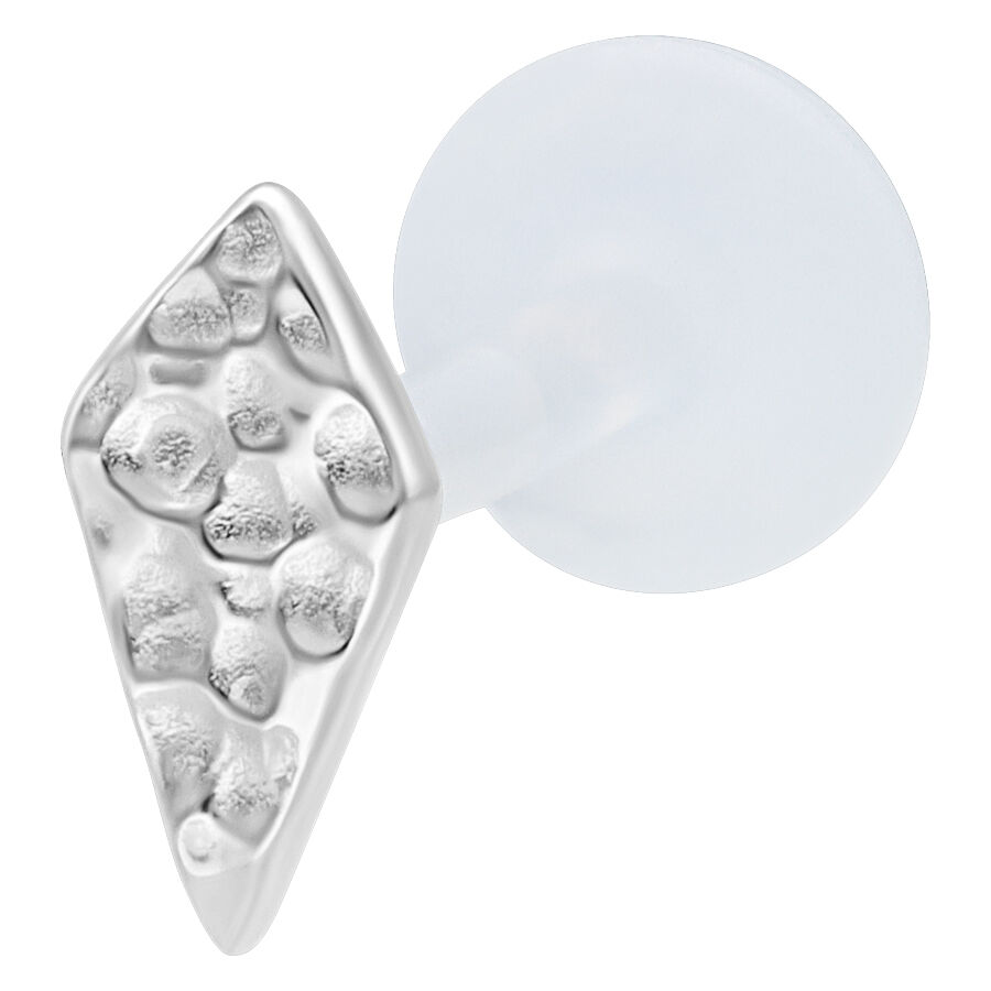 Silbernes Rhombus Labret auf weißem Hintergrund mit PTFE Stab