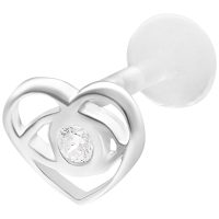 Silbernes Labret Piercing mit Herzform und klarem Stein auf weißem Hintergrund