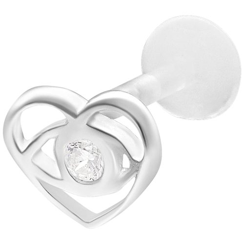 Silbernes Labret Piercing mit Herzform und klarem Stein auf weißem Hintergrund